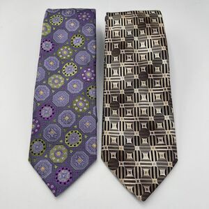 Pair Vintage Neck Tie Bachrach & Pinstripes Purple Geometric 100% Silk 60-62"